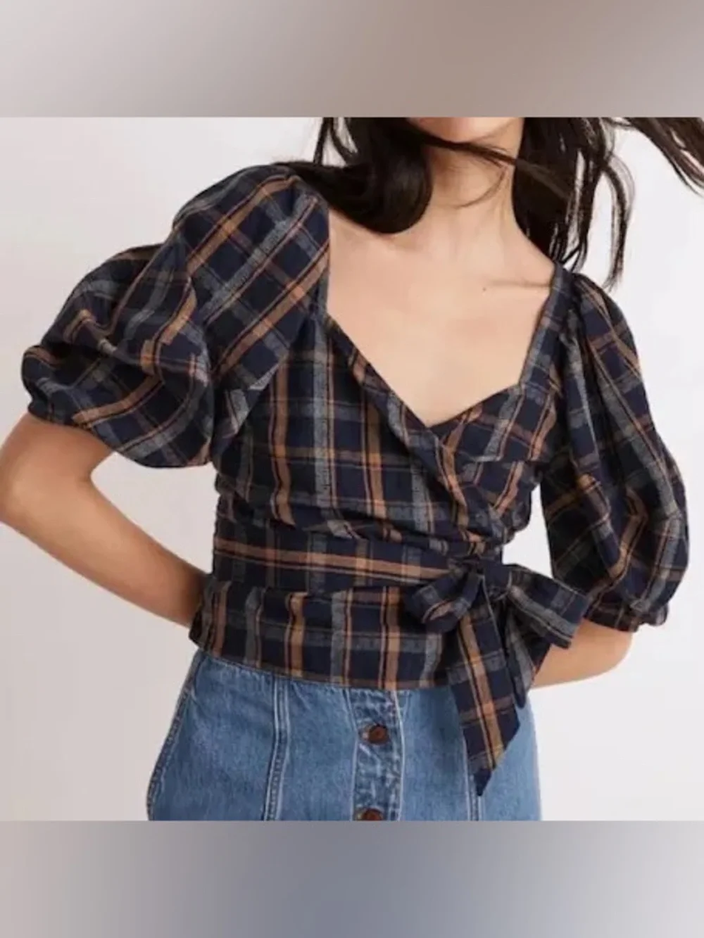 Madewell Navy and Tan Plaid Wrap Blouse with Puff Sleeves